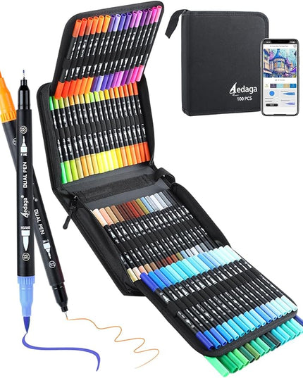100 Colors Numbered Dual Tip Brush Pens with Free App, Fine and Brush Tips Pens for Adults, Coloring Markers for Coloring Book Bullet Journaling Note Taking Planner Hand Lettering