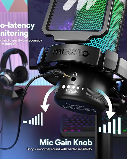 MAONO USB Gaming Microphone for PC, Noise Cancellation Condenser Mic with RGB Lights, Mute, Gain for Streaming, Recording, Podcast, Chat, Twitch, YouTube, Discord, Computer, PS5, PS4, GamerWave