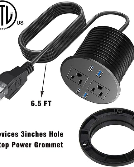Recessed Power Strip,Fast Desktop Charging Station,2 Outlets,4 USB Ports to Desktop,Plain Mounted Desktop Power Outlet,3 "Hole,6.5 FT Cable for Computer,Desk,Kitchen,Office (Black)