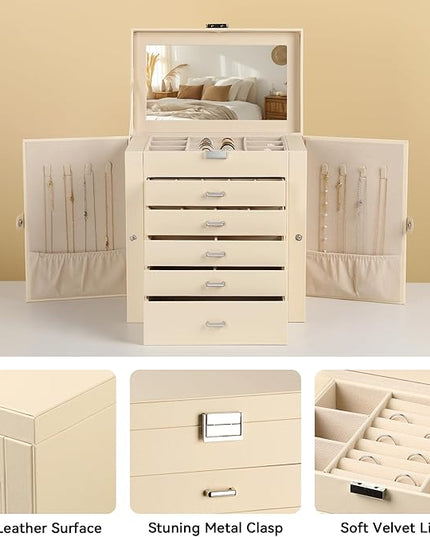 Frebeauty Large Jewelry Box,6-Tier PU Leather Jewelry Organizer,Multi-functional Storage Case with Mirror,Accessories Holder with 5 Drawers for Necklace Bracelets Watches(Beige)