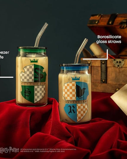 JoyJolt Harry Potter House Crests Glass Tumblers with Lids and Straws, 16oz Glass Cups with Lids and Straws, Can Shaped Drinking Glasses Set of 4, Hogwarts Cup, Harry Potter Merchandise
