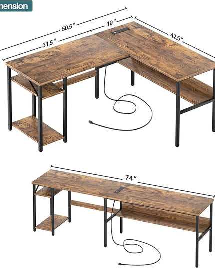 Unikito L Shaped Computer Desk with Magic Power Outlets and USB Charging Port, Sturdy Reversible Corner Desk with Storage Shelves, Modern Work Desk for Home Office, Easy to Assemble, Rustic Brown
