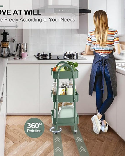EAGMAK 3 Tier Utility Rolling Cart, Metal Storage Cart with Handle and Lockable Wheels, Multifunctional Storage Organizer Trolley with Mesh Baskets for Kitchen, Living Room, Office, Garage (Jungle)