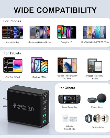 [2-Pack] USB C Wall Charger, 60W Type C Charger Block 5-Port Fast Charging Blocks,3USB C+2USB A Multiport Plug,PD Power Adapter Brick Cube for iPhone 17/16/15/14/13/Pro,iPad,Samsung,for Switch（Black）