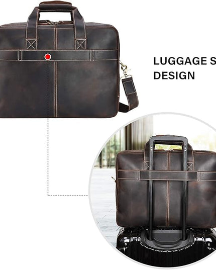 compalo Men's Solid Thick Full Grain Leather 17.3" Laptop Briefcase Classic Messenger Bag Fit Business Travel | Solid, Thick, Full Grain Leather, 17.3", Classic, Fit, Business Travel