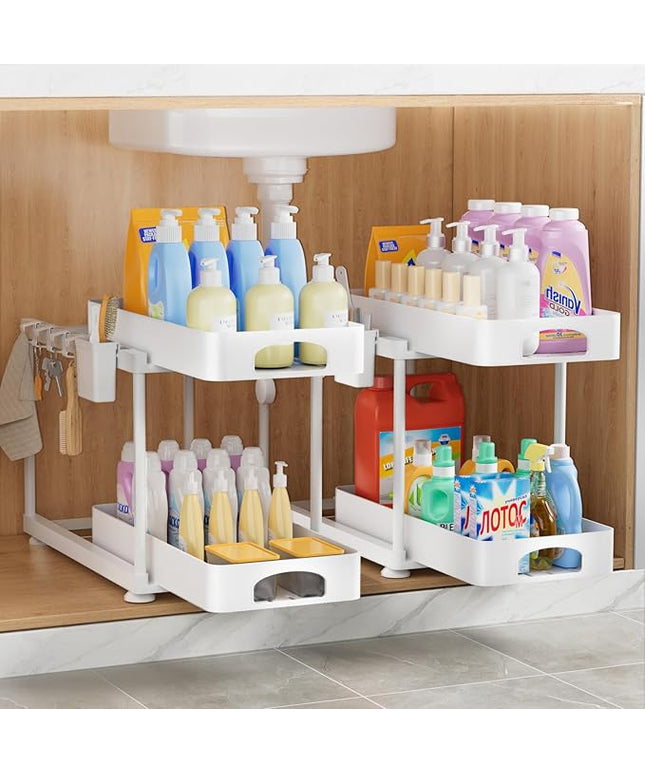 Under Sink Organizer, Under Kitchen Sink Organizer, 2 Pack Bathroom Cabinet Organizers and Storage, 2 Tier Pull-Out Multi-Purpose Storage Organizers for Bathroom Kitchen Cabinet, White