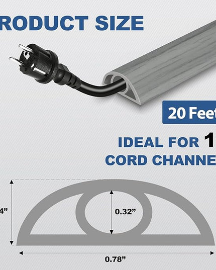 Floor Cord Cover for Wires on Floor Self Adhesive Cord Hider Floor Cable Management Wire Covers for Cords Protector Prevent Cable Trips Cord Cavity W 0.32" x H 0.32", Gray Wood, 20Ft