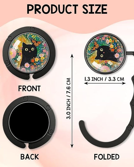 YAZMEEN Spring Black Cat Foldable Purse Hook for Table, Watercolor Black Cat Flowers, Women's Handbag Hanger Holder, Portable Purse Table Hanger, Funny Desk Hook Gifts for Mom Wife Sister Friend BFF