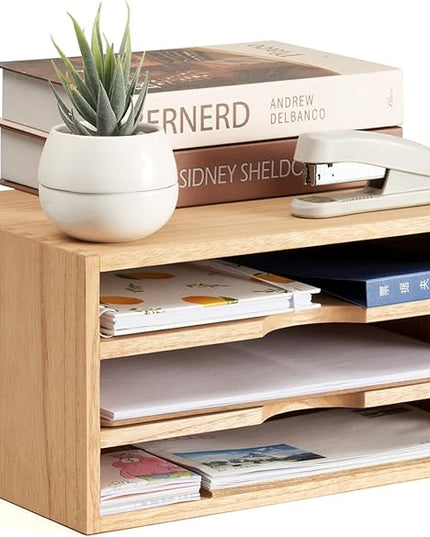 KIRIGEN Wooden Desktop Organizer Paper Storage Letter Tray File Sorter - Desk Rack Magazine File Dividers Holders for Home Office Accessories Wood Desk Cabinet with 3 Layer Trays Natural(3KWJG-NA)