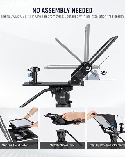 Neewer Teleprompter with Arca Type Camera Mount, Cold Shoes, RT113 Remote Teleprompter App, Online Teaching/Vlogger/Live Streaming Prompter for iPad Tablet, Assembly Free, X12II