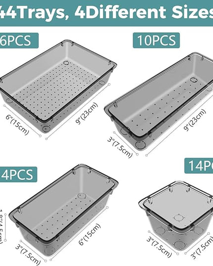 WOWBOX 44 PCS Clear Plastic Drawer Organizer Set, 4 Varied Size storage Bins and Desk Drawer Organizer Trays for Makeup, Gadgets, Jewelry and Utensils in Bathroom, Bedroom and Office, Clear Black
