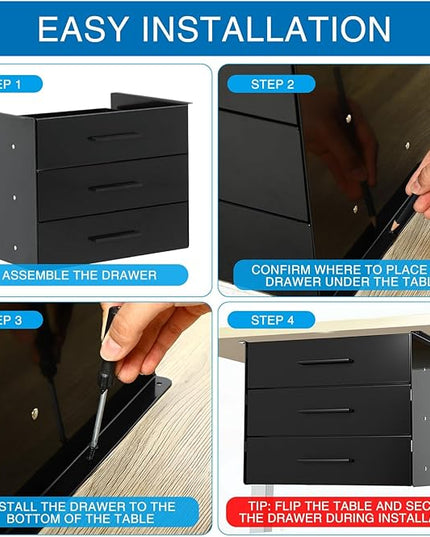 Menkxi 16 Inch Slide out Under Desk Drawer 3 Layer Pull out Desk Organizer Storage Metal Mounted Sliding Hidden Under Counter for Writing Office Sit Stand Workstation, Vertically Stacked, Black