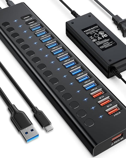 Powered USB 3.0 Hub, 16 Ports USB Hub Splitter(10 USB-A 3.0+2 QC 24W Fast Charging+2 Smart Charging+2 USB-C 3.0 Ports), 12V/8A 96W UL Certified Power Adapter for Laptop, Mac, PC, Computer