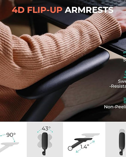 CAPOT Ergonomic Mesh Office Chair, Adjustable Lumbar High Back Desk Chair 400lbs, 4D Flip-up Arms, 3-Level Tilt Backrest, 3D Headrest, PU Wheels, Swivel Rolling Computer Seating for Long Desk Work