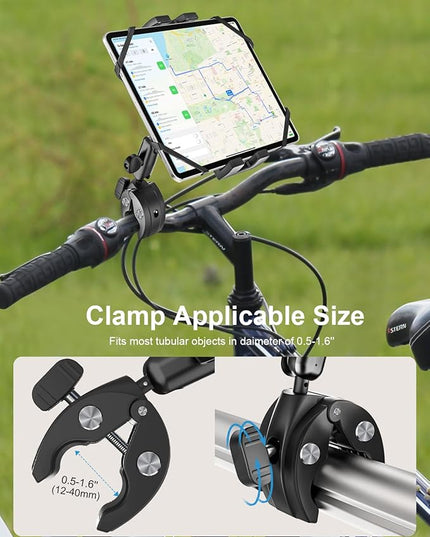 Metal iPad Tablet Mount Holder for Boat Helm, Wheelchair Pole, Bike, Motorcycle, Stroller, Fitness bike, Road Mountain Bicycle, Scooter Handlebar Clamp for 4.7-13" iPad Pro, Air, Mini, iPhone, Galaxy