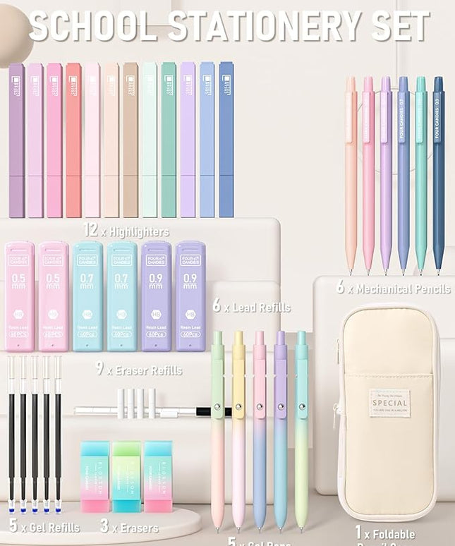 Four Candies 39 PCS Aesthetic School Supplies with Cute Pen Case, 12 Pastel Highlighters, 5 Black Ink Gel Pens, 6 Mechanical Pencils Set for Students Stationary College Essentials (Cream)