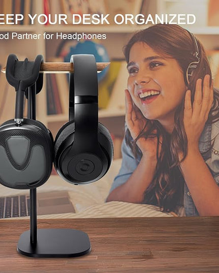 Gvoears Upgraded Headphone Stand, Walnut Wood Headphone Stands Headset Holder for Desk, Support Dual Headsets Suspension, Aluminum Alloy Support Rod Hanger, Dual Headphones Stand with Great Stablity