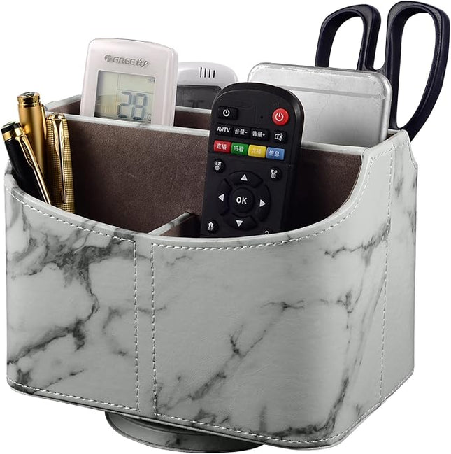 RHCSZ PU Leather Remote Control Holder 360 Degree Rotating Desk Organizer/Caddy Storage Box for Remote Controllers,TV Guide, Mail, Electronics,Pen,Stationery and Media Storage white
