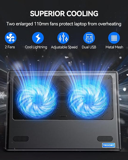 TECKNET Laptop Cooling Pad - 12"-15.6" Laptop Cooler, Powerful Cooler and Ultra Quiet for Gaming Laptops Pad, 2 Wind Speed Adjustable, USB A & C Powered Cooler Stand with Laptops Fan LED (Blue)