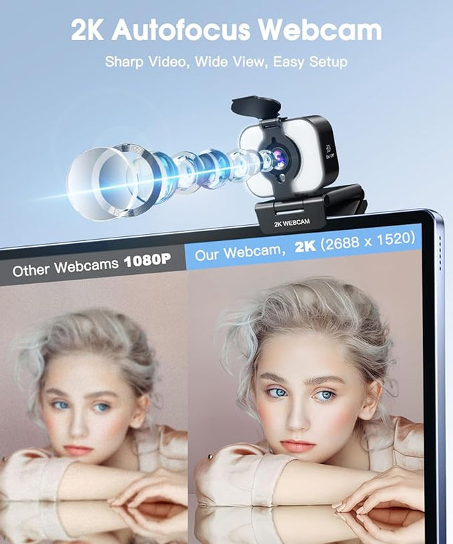 MELCAM 2K Webcam for PC, Web Camera with Microphone, Light, Privacy Cover, Plug and Play Autofocus USB Computer Camera for Laptop, Desktop, PC, Mac, Zoom, Skype, Meeting, Streaming(Black)