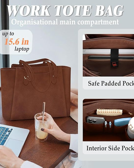 RAINSMORE Laptop Bag for Women 15.6 Inch Work Tote Bags Waterproof Computer Bags Leather Professional Laptop Purse Womens Laptop Briefcase Large Handbag for Office Teacher Travel, Retro Brown