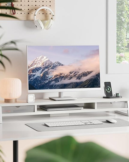 Fenge Dual Monitor Stand, Monitor Riser with Drawer, 42.5 Inch Large Computer Monitor Stand for 2 Monitors, 2 Tier Wooden Desk Shelf for Top of Desk