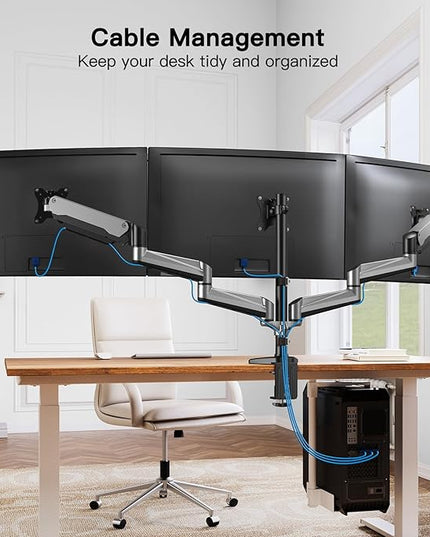 HUANUO Gaming Triple Monitor Stand, Full Motion Articulating Triple Monitor Mount Fit 17 to 32 inch Flat/Curved LCD Computer Screens with Clamp, Grommet Kit, Silver