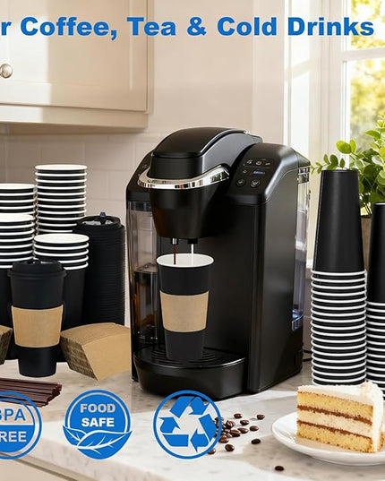 Coolcap 20 oz 500 Pack Coffee Cups with Lids and Sleeves, Straws, Hot Disposable To Go Travel Paper Cups Bulk for Office, Home Coffee Bar Accessories, Chocolate, Cocoa, Beverage (Black)