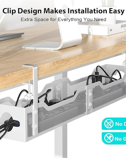 Under Desk Cable Management Tray 24.8", Quszmd Cable Organizer No Drill, Standing Cord Organizer and Wire Management Tray - No Damage to Desk, White