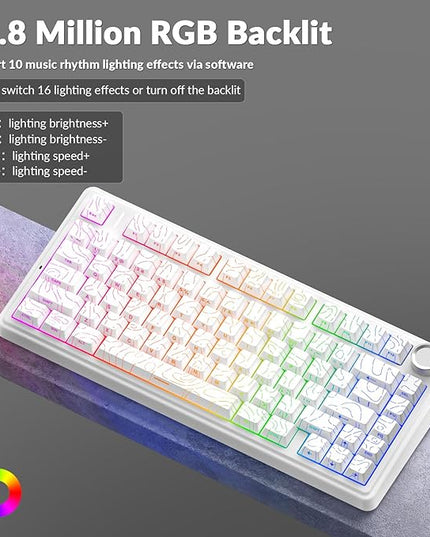 AULA F75 Pro Wireless Mechanical Keyboard with Knob,75% Hot Swappable Custom Gaming Keyboards,RGB Backlit,Pre-lubed Switches,Side Printed PBT Keycaps Creamy Sounding Computer Keyboard, Line White