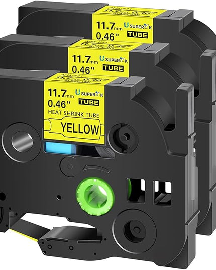 3 Pack Compatible for Brother Ptouch HSe-631 HSe631 HS-631 HS631 11.7mm Black on Yellow Heat Shrink Tube Label Tape use in PT-E300 E500 E550W P750WVP E800W P900 P900W P950NW (0.46''x 4.92ft)