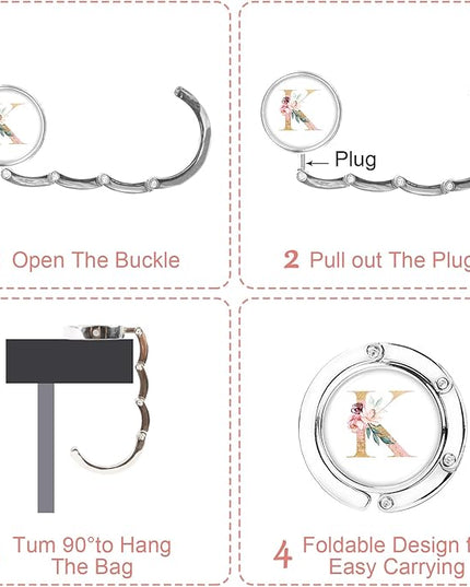 3pcs Personalized Initial Foldable Purse Hook for Table, Flower Letter Folding Handbag Hanger Portable Magnet Table Hook Holder, Collection Desk Purse Hooks for Women Bag (Pink-K)