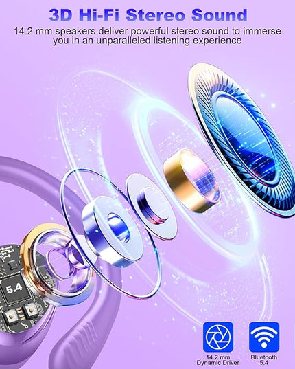 Wireless Earbuds Sport, New Bluetooth 5.4 Headphones with Earhooks, 50H Stereo Deep Bass Over Ear Buds with 4 ENC Noise Canceling Mics, IP7 Waterproof Earphones for Running Workout Gym -Purple