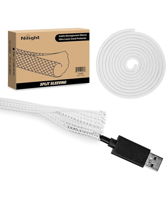 Nilight Cable Sleeve,10ft-1/4inch Cord Management Sleeves, Braided Sleeving, Split Self Wrapping Wire Loom for Computer Electrical Automotive Harness Protector Organizer, White