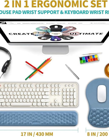 Hokafenle 2 in 1 Ergonomic Mouse Pad Wrist Support & Wrist Rest for Computer Keyboard Set, with Relieve Carpal Tunnel Pain Massage Bulge and Full Memory Gel Design (2In1 Set, Lake Blue)