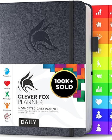 Clever Fox Daily Planner – Undated Planning Notebook with Hourly Schedule & To-Do List – Personal Day Task & Work Organizer, 6 Months (Silver Black)