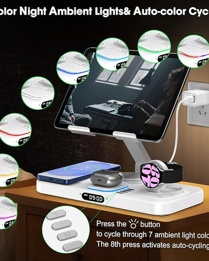 30W Tablet Wireless Charger for Samsung, Foldable Android Charging Station with Clock Display with 7-Color Light, Wireless Watch Charger for S25, Only Compatible Samsung Watch, Galaxy Buds3 Pro(White