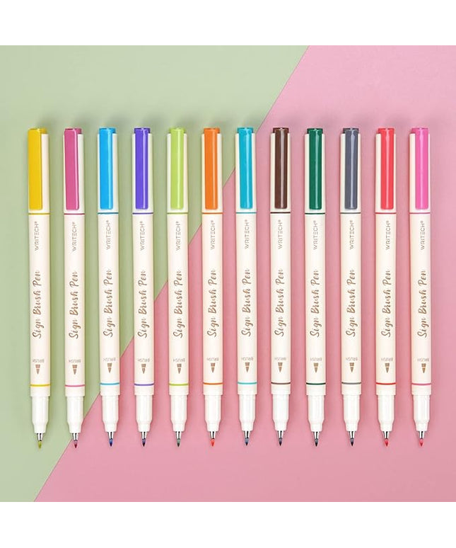 WRITECH Brush Tip Marker Pens: Artist Markers Flexible Tip Water Based 12ct Assorted Colors for Journaling Adult Coloring Hand Lettering Calligraphy Drawing Vibrant Colored