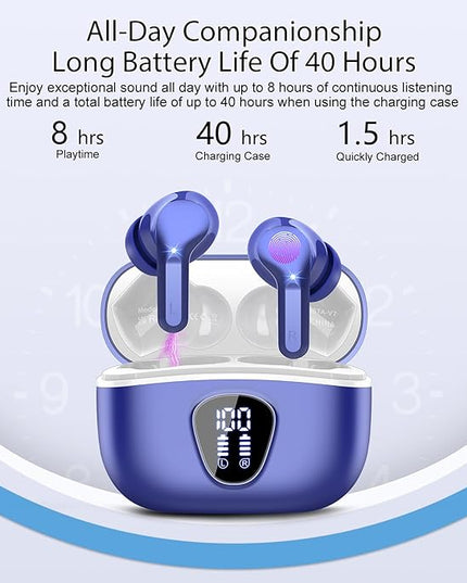 Wireless Earbuds, Bluetooth 5.4 Headphones HiFi Stereo, Bluetooth Earbuds with ENC Noise Cancelling Mic, IP7 Waterproof in Ear Earphones, 48H, LED Display Ear Buds for Pad Phones Workout Sports, Blue