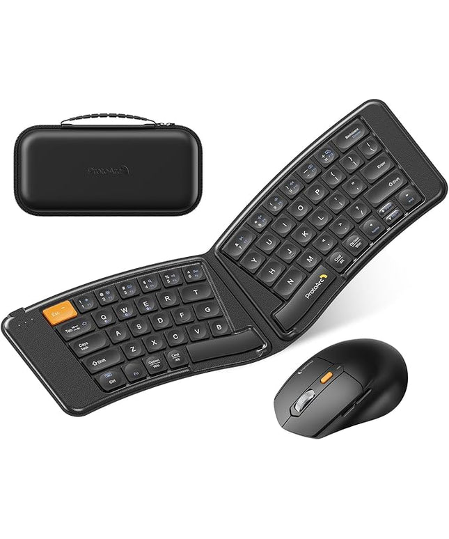 ProtoArc Ergonomic Foldable Keyboard Mouse, XKM03 Portable Folding Bluetooth Keyboard Mouse Combo for Business and Travel, Split Design, 3 Bluetooth, Rechargeable, for iPad, Tablet, iPhone, Laptop