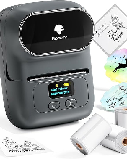 Phomemo M110 Label Makers- with 3 Rolls Labels, Barcode Label Printer Thermal Bluetooth Portable Printer for Small Business, Address, Logo, Clothing, Mailing, Sticker Printers for Phone & PC, Gray
