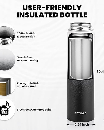Insulated Water Bottle 24oz, Triple Wall Vacuum Stainless Steel (Cold for 48 Hrs, Hot for 24Hrs), Leak Proof & Non-BPA, 24oz Hydro Water Flask with Paracord Handle & Straw Spout Lids