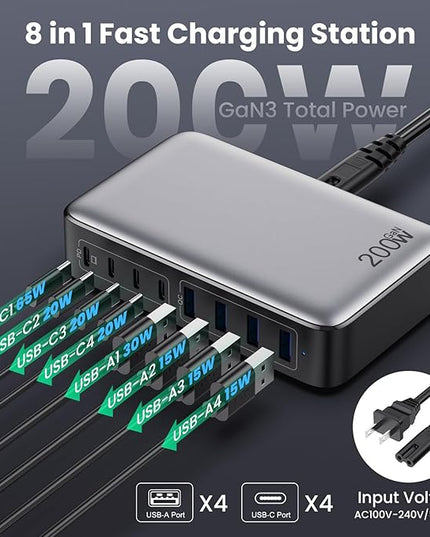 USB C Charger 200W USB C Charger Block,Upgraded GaN III 8-Port Fast Charging Station Hub,PD 65W Laptop Charging Adapter Compatible with MacBook Pro/Air,DELL,Steam Deck,iPhone 16/15/14,Galaxy S23/22