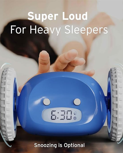 CLOCKY Extra Loud Alarm Clock for Heavy Sleepers on Wheels Rolls Runs Away Vibrating Easy to Set Super Smart Snooze Digital Bed Shaker Alarm Clock Funny Gift for Adults Kids Teens Bedrooms (Blue)