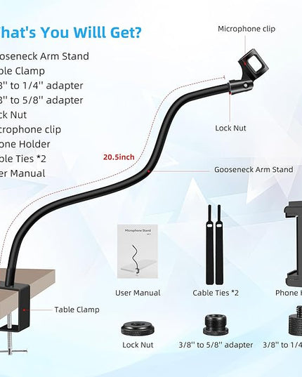 Microphone Arm Stand Long 20.5'' Sturdy Gooseneck Mic Stand Adjustable Microphone Arm Stand Microphone Holder Flexible Stand Black Podium Compact Mic Arm for Desk Traveling