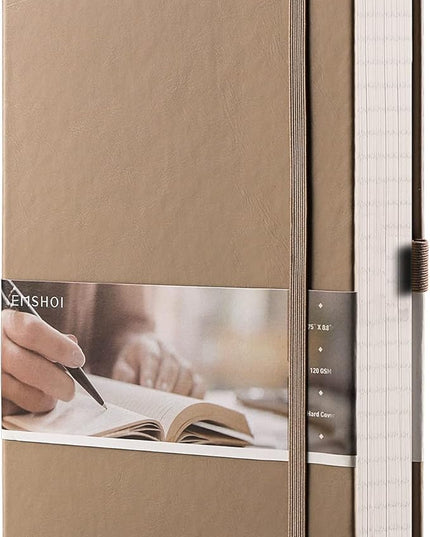 EMSHOI Lined Journaling Notebook - 120gsm Leather Journal with Sticky Notes & 256 Numbered Pages, A5 Hardcover College Ruled Notebook for Work, School, Writing, 5.75”x8.38” - Khaki