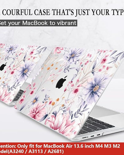 CISSOOK Flower Case for MacBook Air 13.6 Inch M4 M3 M2 Chip Model A3240 A3113 A2681, Plastic Shell Cover with Keyboard Cover Screen Protector for MacBook Air 13 2022-2025, Flowers Watercolor