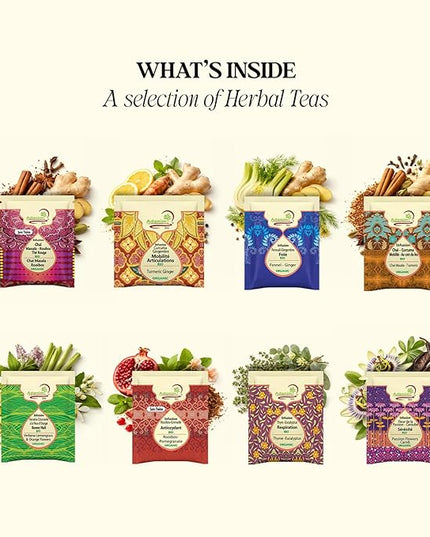 Adanim Bio Vitality Organic Herbal Tea Sampler Gift Set Caffeine Free 8 Flavors Variety Pack 64 Individually Wrapped Tea Bags for Gifting
