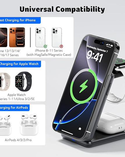 Acer 3 in 1 Charging Station for iPhone, Wireless Charger Stand,15W Fast MagSafe Charger for iPhone 17 16 15 14 13 12 Series-Apple Watch 10 9 8 7 6 5 4 3 2 SE and Ultra Series-Airpods 4 3 2 Pro Series