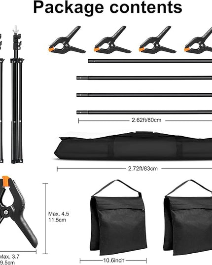 Adjustable Photography Backdrop Stand Kit 10x7ft(WxH) – Photo Studio Background Support with 4 Crossbars, 4 Clamps, 2 Sandbags, (with 10 * 7 Feet White Backdrop Curtain)